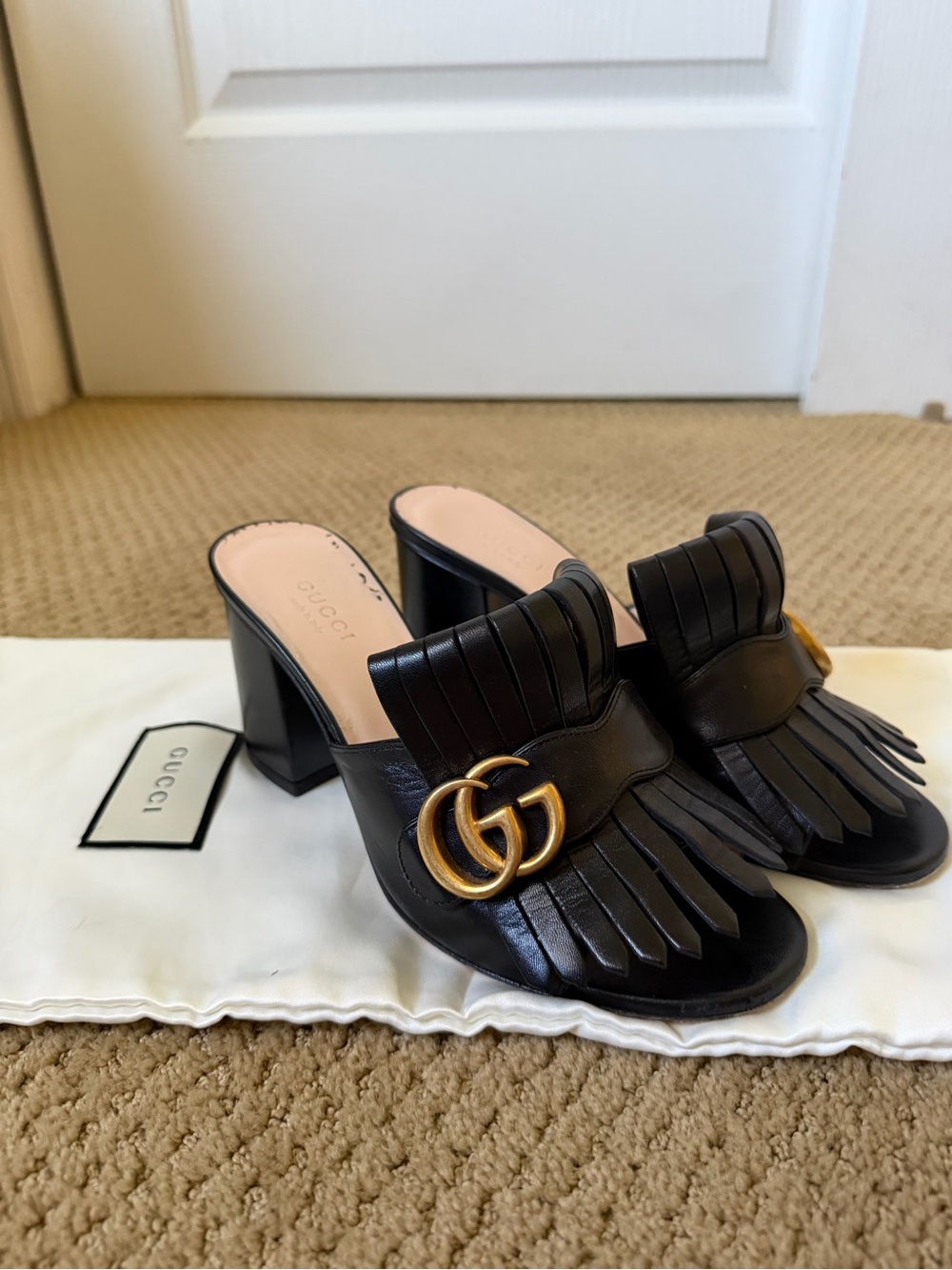 Gucci Black Leather GG Fringe Block Heel Mules with Gold Double G